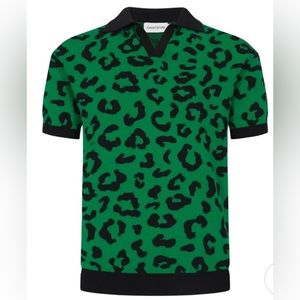 MEN'S GREEN KNITTED POLO SHIRT WITH BLACK LEOPARD